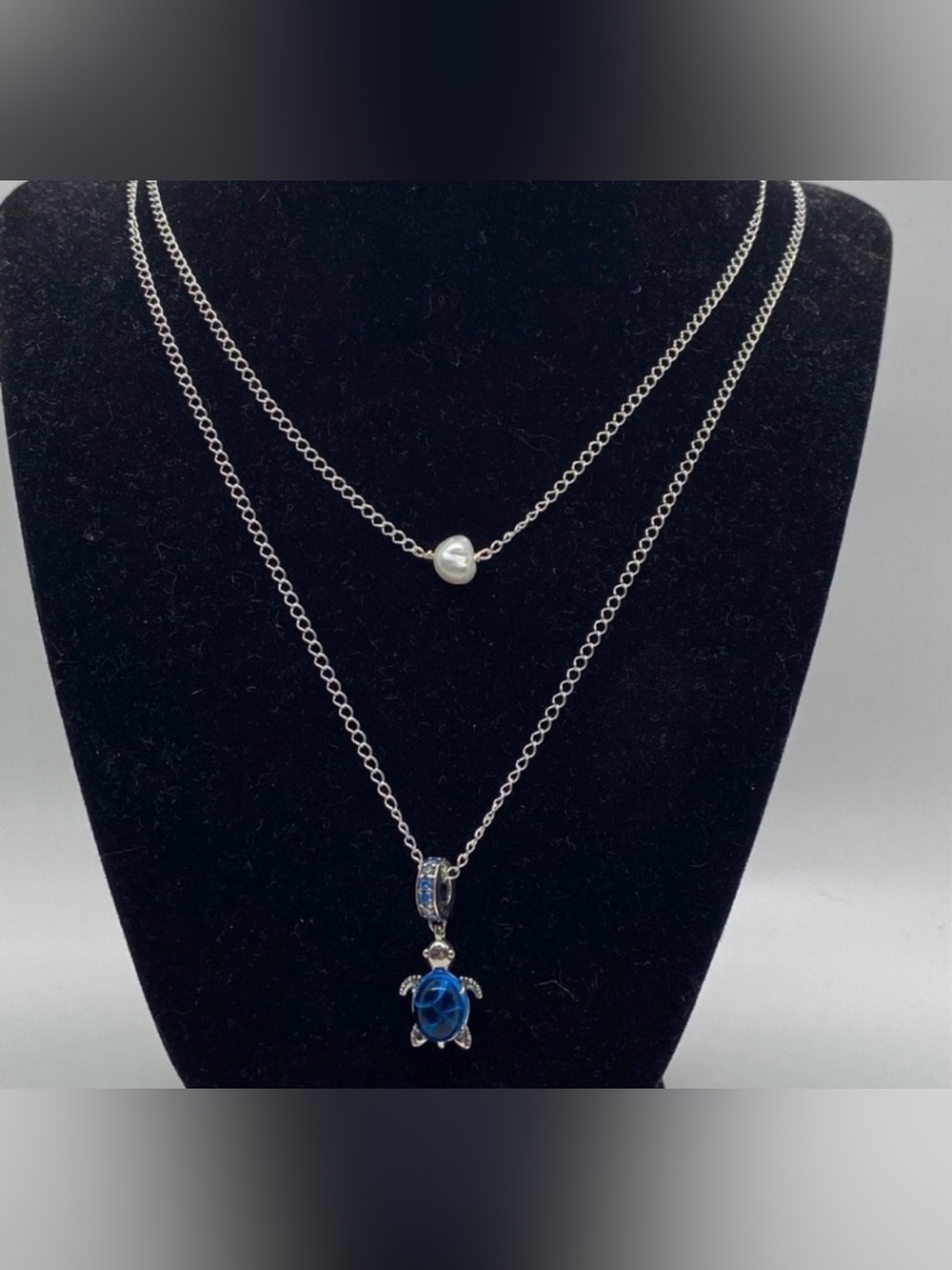 Silver Layered Necklace with Blue Turtle Pendant and Pearl Accent- handmade